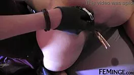 lesbian domina slaps redhead slave's wet pussy in fingering bdsm