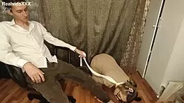 my submissive pregnant wife on leash sucks my fingers hungrily