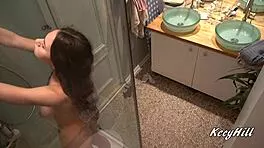 hey busty kecy, show us those tits in the steamy shower