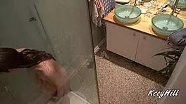 hey busty kecy, show us those tits in the steamy shower