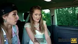 Sexy bride sneaks threesome in car with natural tits 😈👰🚗