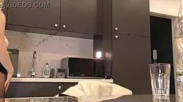 blonde wife teases tight pussy in sheer black pantyhose before stripping kitchen