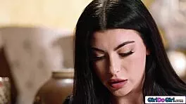 petite brunette trembles seducing big-tit latina milf boss