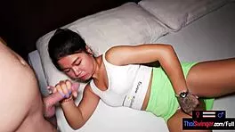 Thai teen eagerly services big cock with mouth and pussy