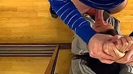 Mirror cap guy kisses deepthroats standing doggy workout fuck