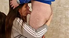 Mirror cap guy kisses deepthroats standing doggy workout fuck