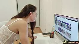 dirty nerd brunette gives barefoot footjob joi cum on soles