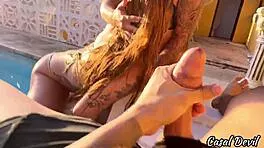 Lucky guy scores double blowjob from poolside 18+ hotties