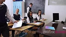 Shy classroom student gets pussy fucked hard in freeuse group teacher session