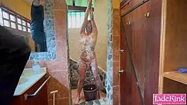 submissive slut bound in bathroom takes rough foam punishment