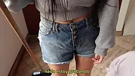 busty latina teen in jean shorts fucks secretly with friend