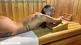 petite latina oily footjob in steamy sauna!