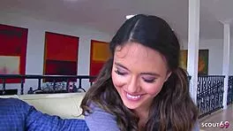 Petite beauty lured into wild first anal ride by massive older cock