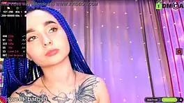 horny blue-haired babe teases tits and ass on cam 😈