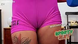 Petite Babe's Puffy Cameltoe Bulges in Tight Magenta Bikers