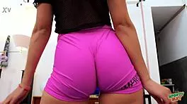 Petite Babe's Puffy Cameltoe Bulges in Tight Magenta Bikers