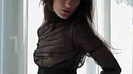 Tiny Ukrainian milf strips to reveal perky tits and hairy pussy