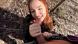 ginger redhead babe with natural small tits gives extreme deepthroat blowjob in forest public