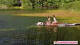 Three wet girls lick and finger in juicy outdoor threesome