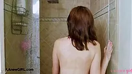 Sweet brunette teen showers off after hot solo play!