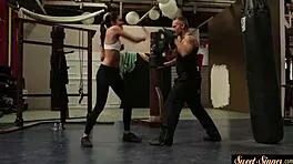 innocent babe mounts huge cock in steamy gym encounter