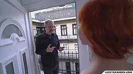 old stud ravages busty redhead's curves