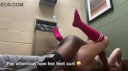Sassy teen curls toes from rough interracial orgasm in public bathroom fuck