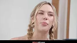 Blonde pigtails teen bent over doggystyle deepthroat gagging leads to squirting facial cumshot