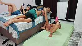 hot brunette wife shares room with sexy friend for big cock workout threesome moans