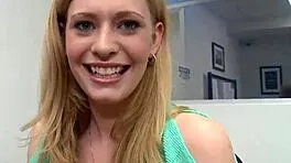 Young office babe grips and strokes pov cock intensely