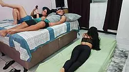 hot brunette wife shares room with sexy friend for big cock workout threesome moans