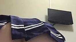 russian brunette rides dildo reverse cowgirl sucking fingers close-up skirt