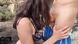Webcam tease flashes tits then drops for seaside blowjob adventure
