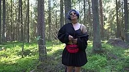 forest cash offer stranger turns teasing outdoor pounding adventure