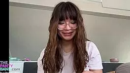 Chubby asian gamer creams wet pussy with big dildo and panties