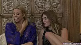 lesbian milf grinds face on young blonde babe shaved pussy tribbing