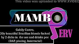 गैबिली कास्त्रो, 20 साल की ब्राजीलियन ब्लॉन्ड, दो बड़े ब्लैक लंड से बेयरबैक ऐनल में झुकी हुई, डीएपी सीन में पेशाब पीती है