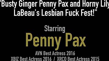 Busty ginger Penny Pax and horny Lily Labeau throw a wild LESBIAN FUCK fest with toys.