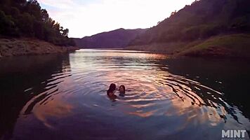 talia mint and mia rose get naked and fuck outdoors after swimming