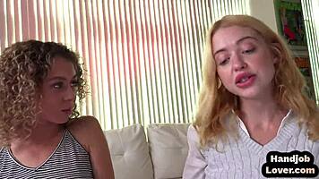 teen 18+ trio jerking oiled cock with dirty talk