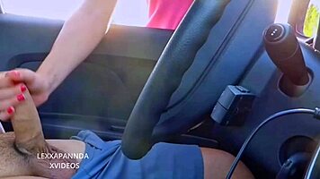 Petite blonde gives handjob in car!
