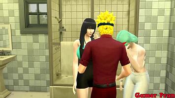 Wow, Sakura and Hinata trap Naruto in bathroom for wild trio action! They demand all his cum inside.