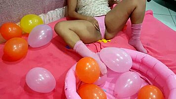 Brazilian Teen Girl Safadinha Plays with Balloon in Her Fun Reality Show Outdoors