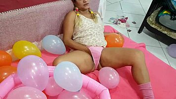 Brazilian Teen Girl Safadinha Plays with Balloon in Her Fun Reality Show Outdoors