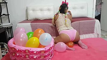 Brazilian Teen Girl Safadinha Plays with Balloon in Her Fun Reality Show Outdoors