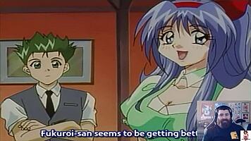 Adult commentary unfolds with a socially awkward hentai virgin in an outdoor scene.