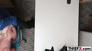 Burglar teen sucks monster cock in garage