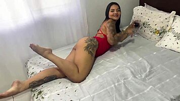 Oh, In Red Lingerie With Pussy Full Of Milk, Fucking Tattooed Teen 18+ Prostitute Brunette Latina For Cumshot And Muff Diving!