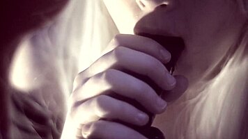 Elizabeth liones in cosplay rides a big black dildo toy.