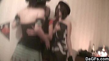 three costumed lesbians enjoy halloween party fun